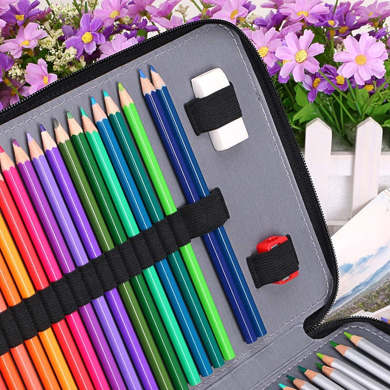 BTSKY 200 Slots Colored Pencil Organizer - Deluxe PU Leather Pencil Case Holder with Removal Handle Strap Pencil Box Large for Colored Pencils Watercolor Pencils (Black) - Image 4